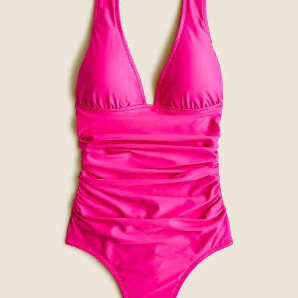 J Crew Ruched Plunge Neck One Piece Swimsuit Bright‎ Pink Size 24